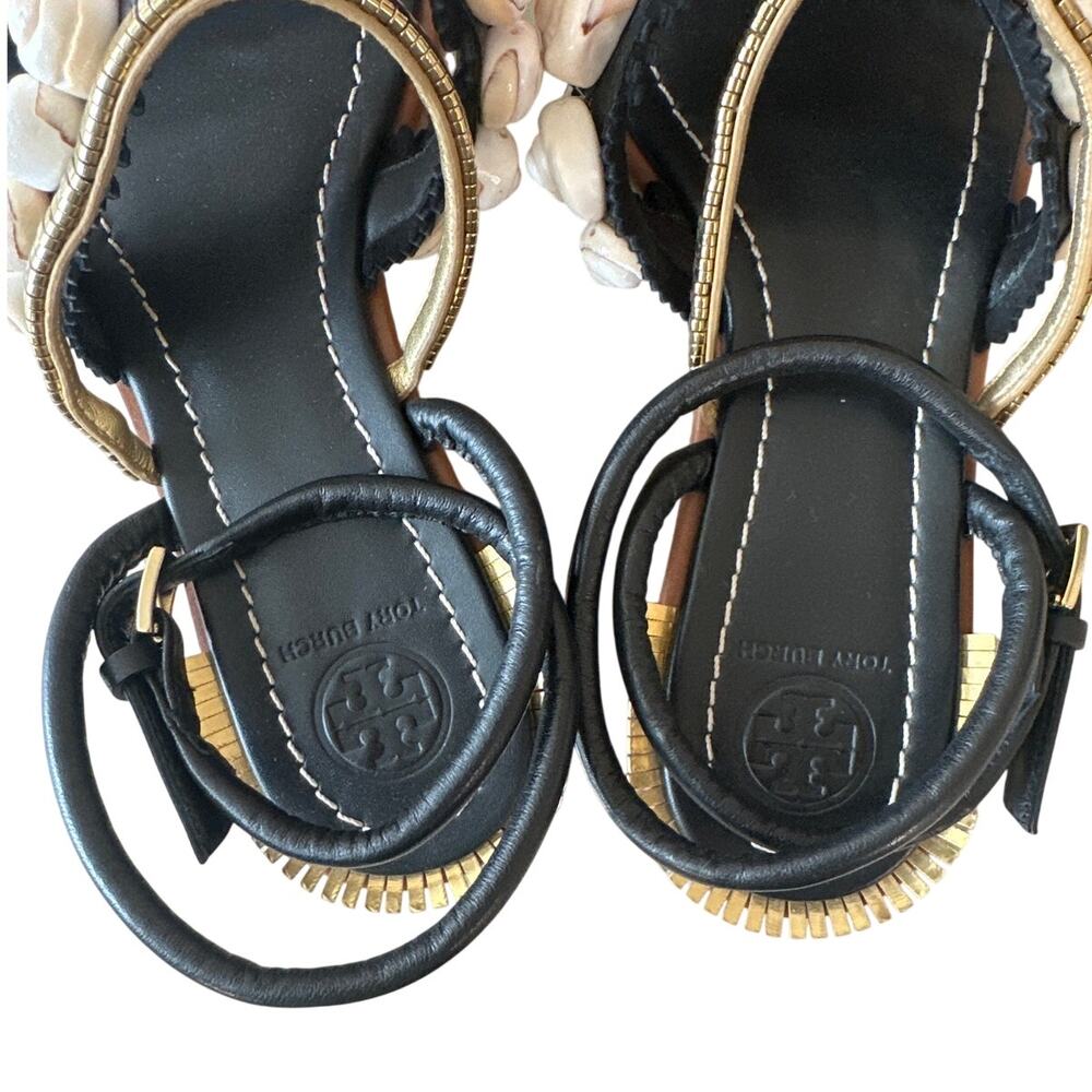 Tory Burch Sinclair Sandals Black Gold Seashell Flat 7.5 - Picture 4 of 11